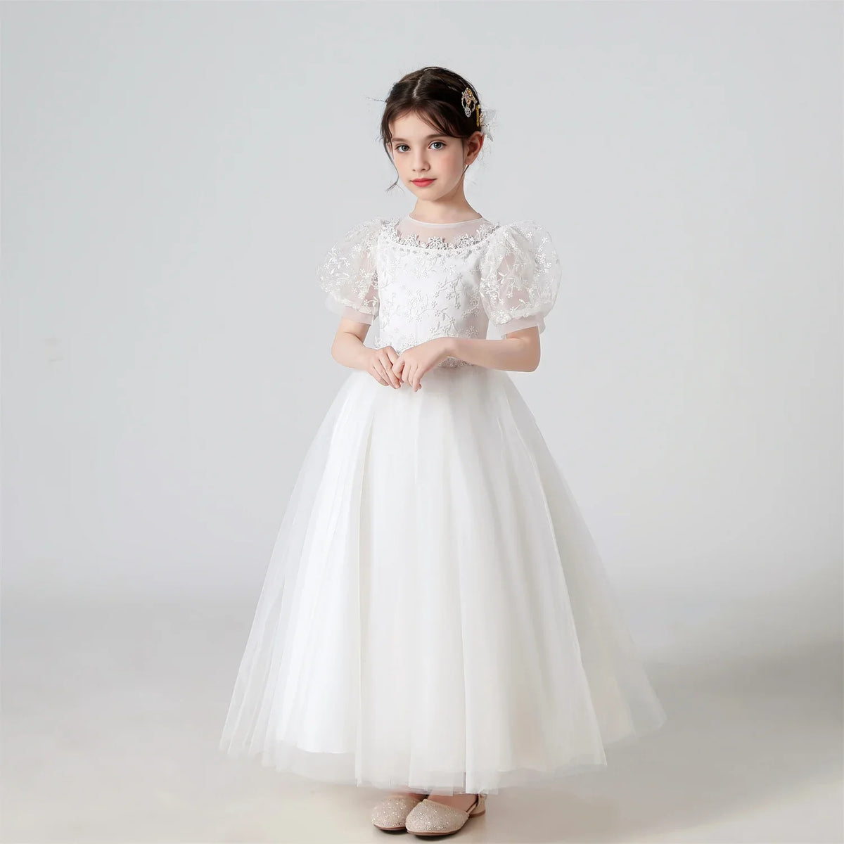 Plush Girls’ Lace-Embroidered Princess Dress - Puff Sleeve, Polyester, For Weddings and Parties