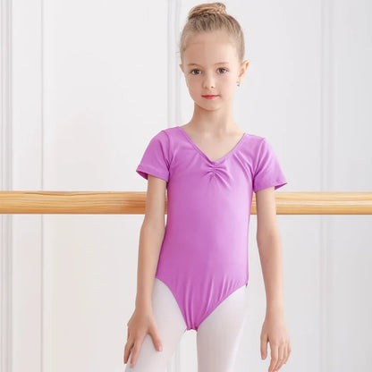 Plush girls ballet leotard - drawstring neckline, ruched front, cotton knit, for dance class
