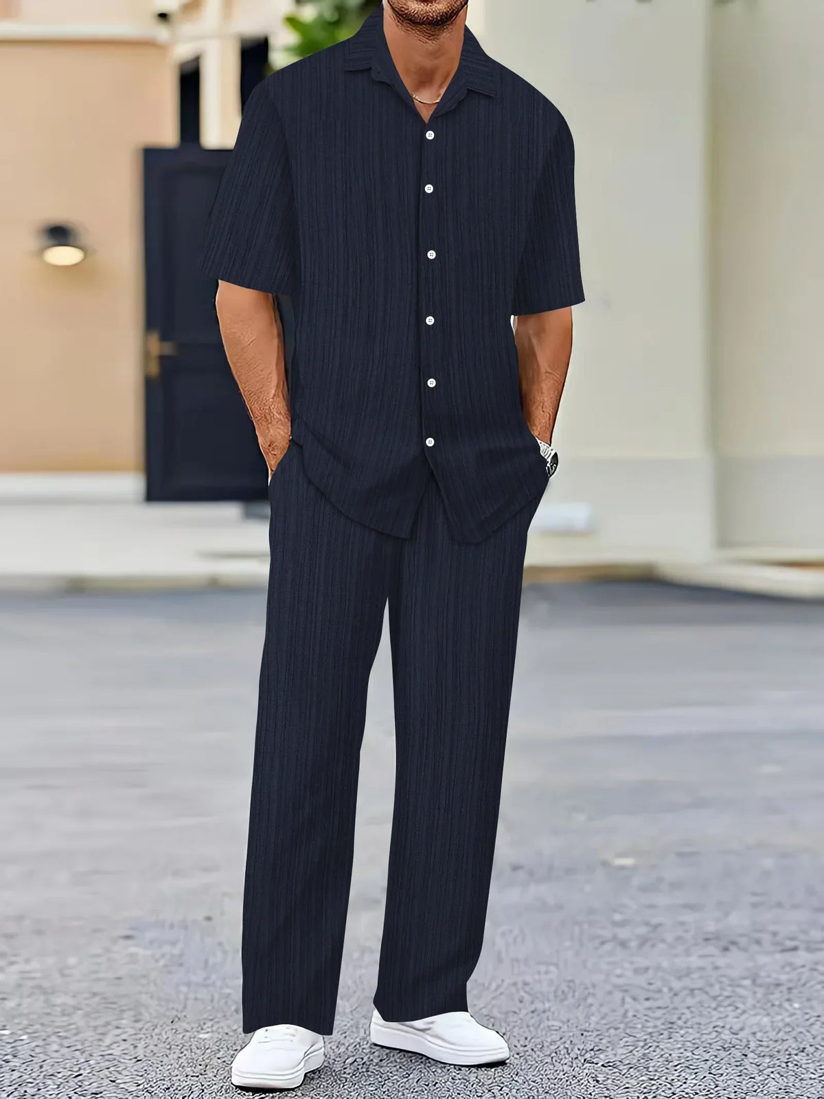 Variant image for Lightweight Linen Shirt and Pants Set, Vertical Striped Design, Relaxed Fit for Casual and Semi-Formal Wear-7