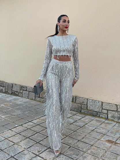 Elegant Ladies Crop Top Set with Matching Pants, Soft Breathable Fabric, Flattering Fit for Summer Fashion, Casual Outings and Festivals-5