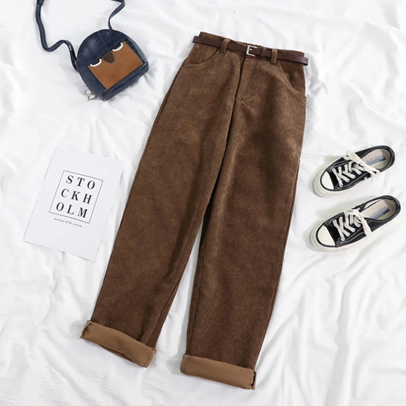 High Waist Corduroy Pants for Women, Wide Leg Cotton Trousers in Black and Coffee, Comfortable Casual Style-2