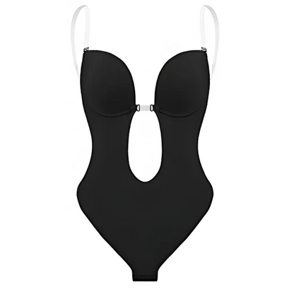 Low-Cut Seamless Black Shapewear Bodysuit with Adjustable Straps and Built-in Bra Pillow for Enhanced Support-1