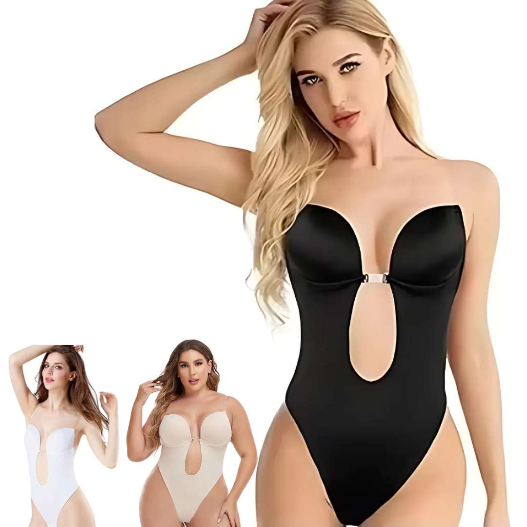 Low-Cut Seamless Black Shapewear Bodysuit with Adjustable Straps and Built-in Bra Pillow for Enhanced Support-2