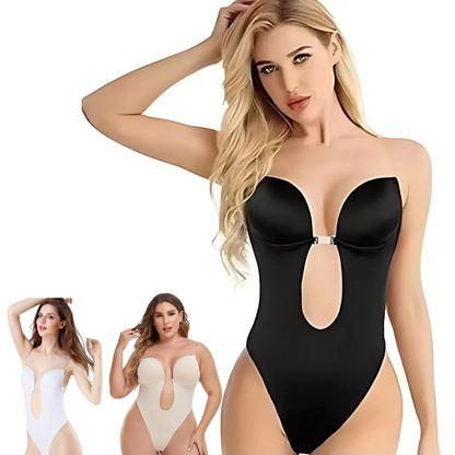Low-Cut Seamless Black Shapewear Bodysuit with Adjustable Straps and Built-in Bra Pillow for Enhanced Support-2