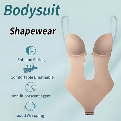 Low-Cut Seamless Black Shapewear Bodysuit with Adjustable Straps and Built-in Bra Pillow for Enhanced Support-3