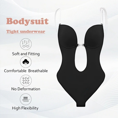 Low-Cut Seamless Black Shapewear Bodysuit with Adjustable Straps and Built-in Bra Pillow for Enhanced Support-5