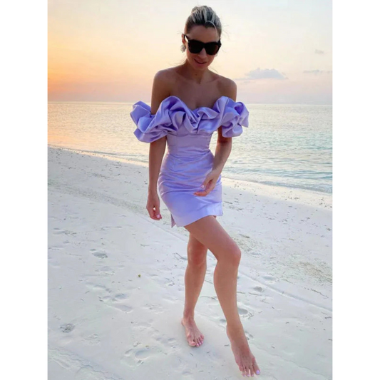 Elegant Off-Shoulder Women's Dress with Wrinkled Details ��� Versatile Summer Cocktail Dress in Black-1