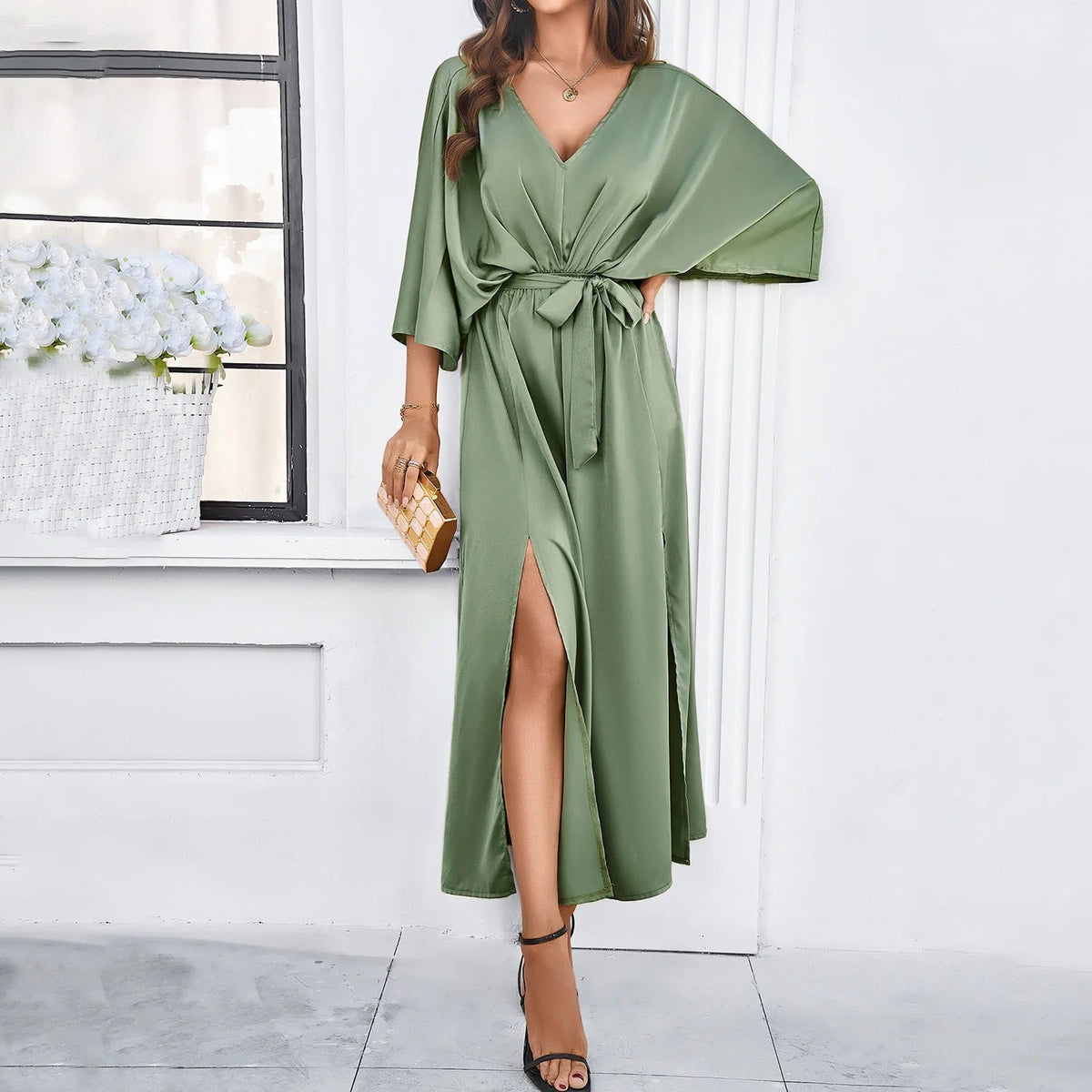 Elegant Women's Dress with V Neckline, Lightweight Floral Print Fabric, Flattering Fit for Spring Outings and Events-2