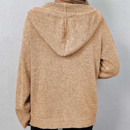 Women Oversized Cardigan - Hooded Button, Textured Knit
