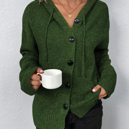 Women Oversized Cardigan - Hooded Button, Textured Knit
