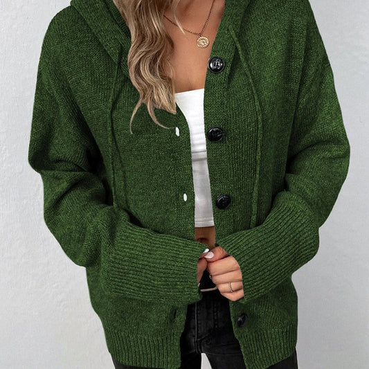 Women Oversized Cardigan - Hooded Button, Textured Knit