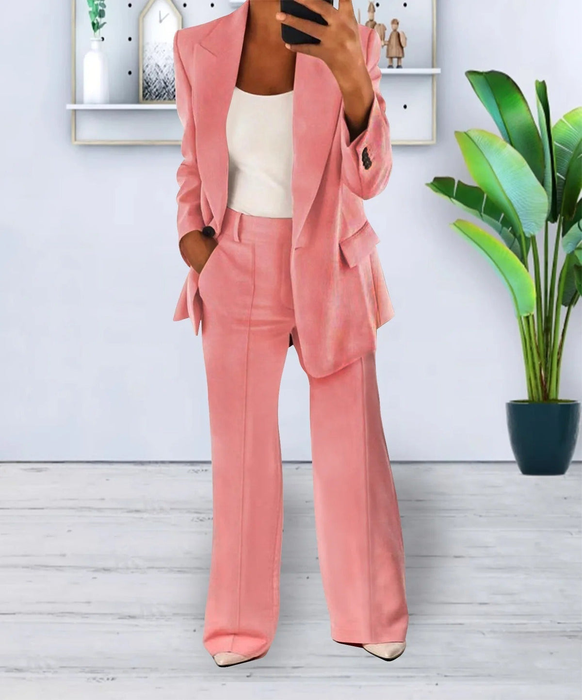 Versatile women's suit – oversized blazer and straight-leg trousers, stretchy polyester, for work or casual outings 5