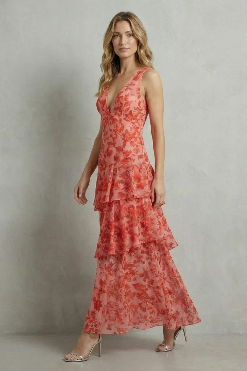 plunging neckline, flowy tiered skirt, floral print – Light women's halter dress