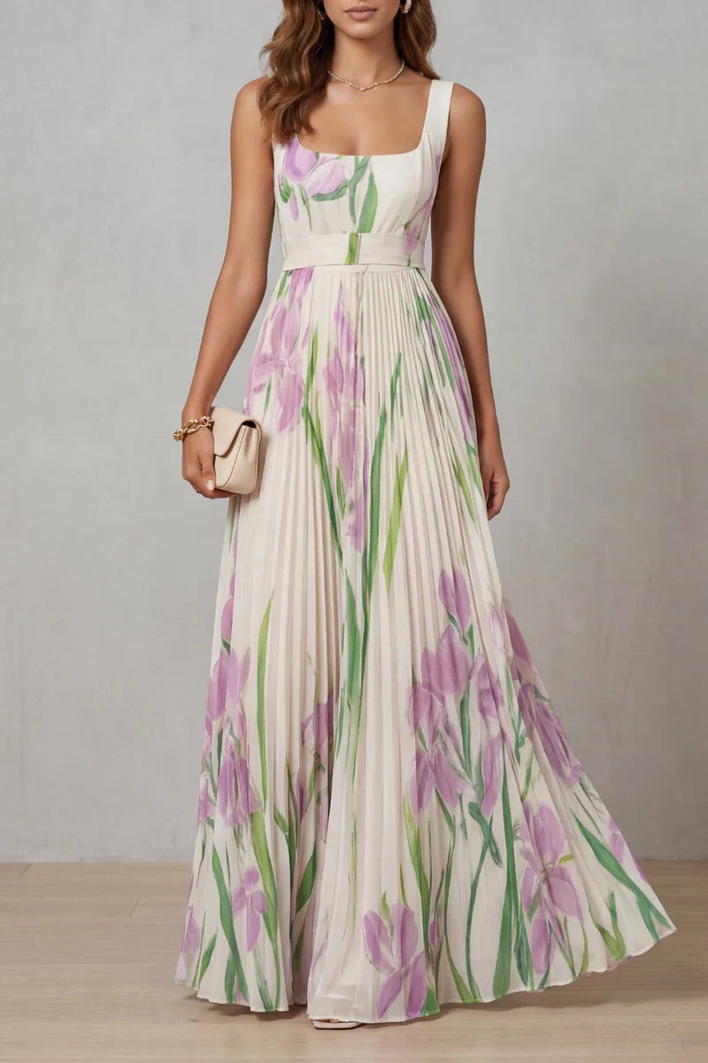 Light women's dress - a-line pleated floral midi, sleeveless, for summer wear