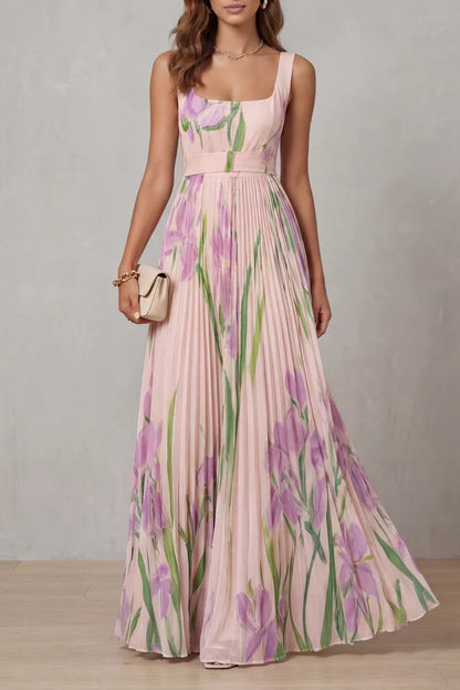 Light women's dress - a-line pleated floral midi, sleeveless, for summer wear