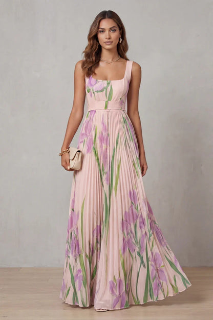 Light women's dress - a-line pleated floral midi, sleeveless, for summer wear