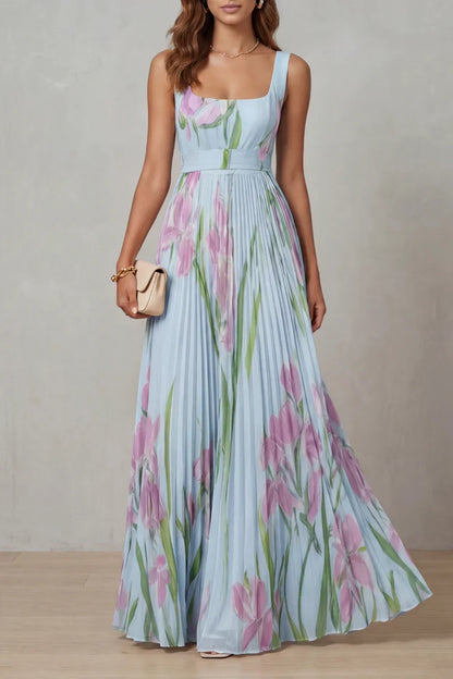Light women's dress - a-line pleated floral midi, sleeveless, for summer wear