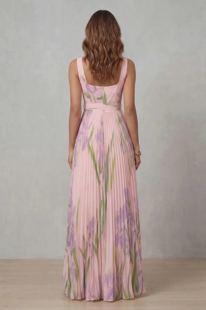 Light women's dress - a-line pleated floral midi, sleeveless, for summer wear