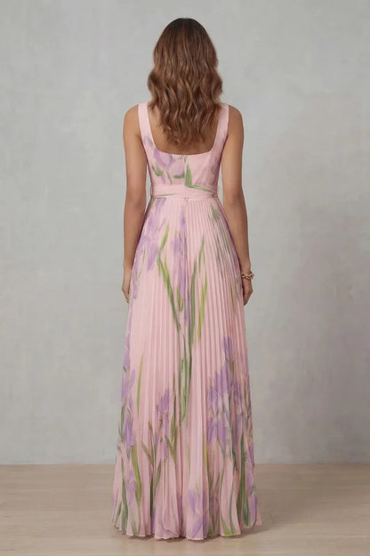 Light women's dress - a-line pleated floral midi, sleeveless, for summer wear