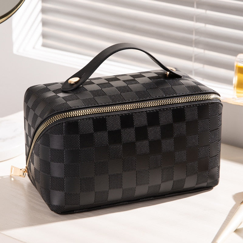 Waterproof women’s travel toiletry bag – spacious plaid design, durable materials, for beauty essentials 5