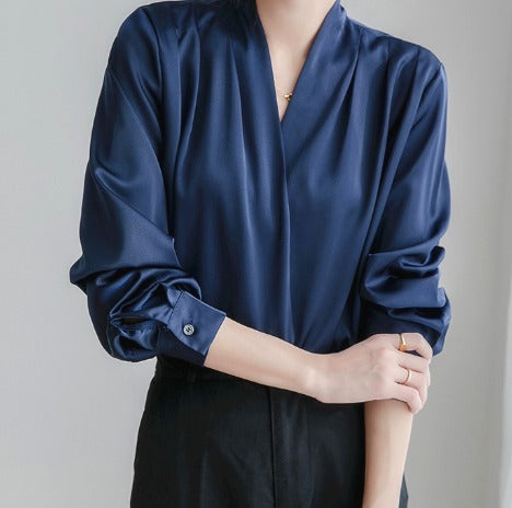 Women's White Puff Sleeve Blouse, V-Neck Elegant Top for Casual and Formal Wear, Breathable Fabric, Available in Blue and Black-3
