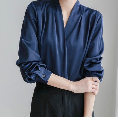 Women's White Puff Sleeve Blouse, V-Neck Elegant Top for Casual and Formal Wear, Breathable Fabric, Available in Blue and Black-3