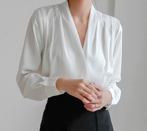 Women's White Puff Sleeve Blouse, V-Neck Elegant Top for Casual and Formal Wear, Breathable Fabric, Available in Blue and Black-2