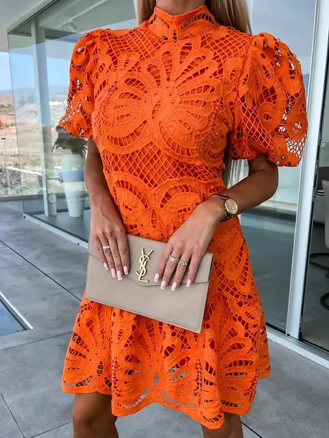 Elegant Women's Embroidered Puff Sleeve Dress, Lightweight Summer Dress for Casual and Formal Occasions-1