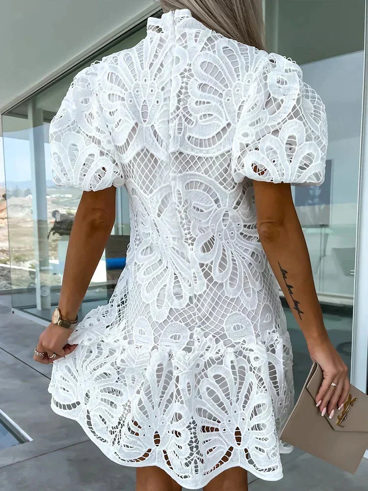 Elegant Women's Embroidered Puff Sleeve Dress, Lightweight Summer Dress for Casual and Formal Occasions-3