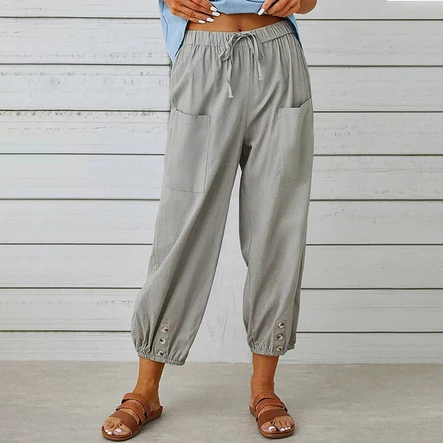 Variant image for Comfortable Casual Capri Pants for Women with Adjustable Drawstring Waist and Functional Pockets in Cotton and Linen-43