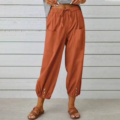 Variant image for Comfortable Casual Capri Pants for Women with Adjustable Drawstring Waist and Functional Pockets in Cotton and Linen-57