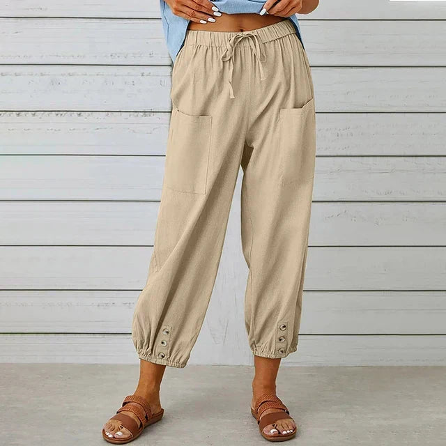 Comfortable Casual Capri Pants for Women with Adjustable Drawstring Waist and Functional Pockets in Cotton and Linen-6