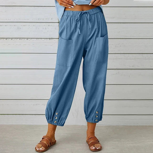 Comfortable Casual Capri Pants for Women with Adjustable Drawstring Waist and Functional Pockets in Cotton and Linen-3