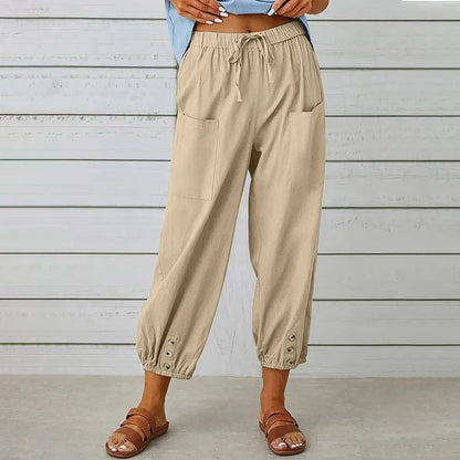 Variant image for Comfortable Casual Capri Pants for Women with Adjustable Drawstring Waist and Functional Pockets in Cotton and Linen-29