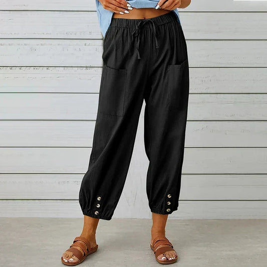 Comfortable Casual Capri Pants for Women with Adjustable Drawstring Waist and Functional Pockets in Cotton and Linen-1