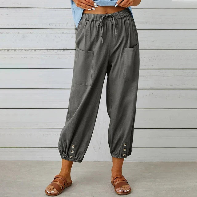 Variant image for Comfortable Casual Capri Pants for Women with Adjustable Drawstring Waist and Functional Pockets in Cotton and Linen-15