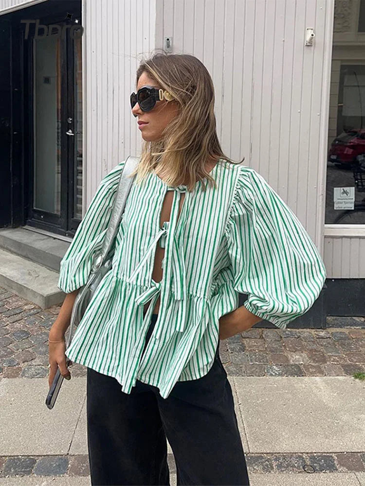 Striped Puff Sleeve Women's Top - Elegant Casual Blouse for Women, Comfortable Fit and Versatile Design-3