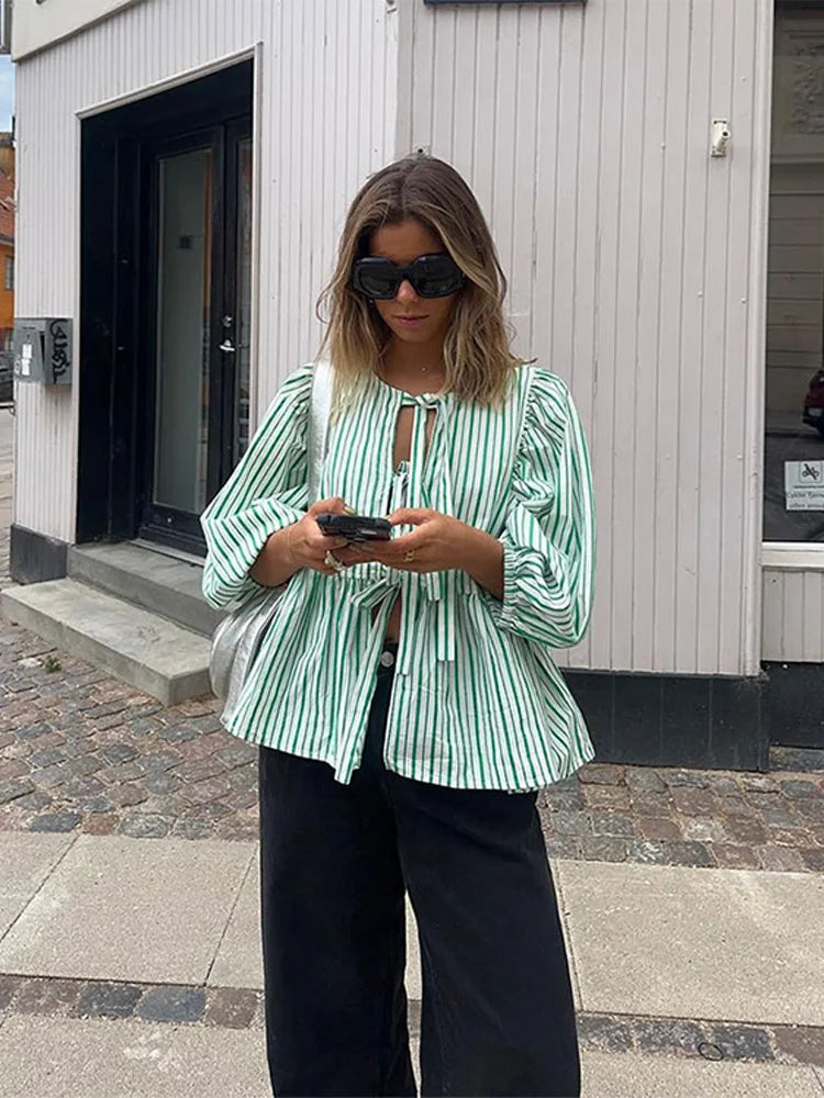 Striped Puff Sleeve Women's Top - Elegant Casual Blouse for Women, Comfortable Fit and Versatile Design-2