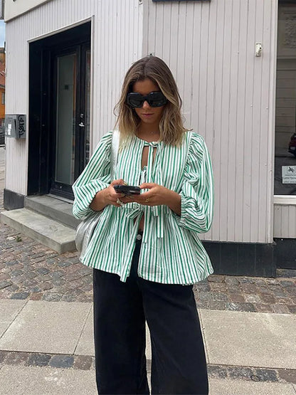 Striped Puff Sleeve Women's Top - Elegant Casual Blouse for Women, Comfortable Fit and Versatile Design-2