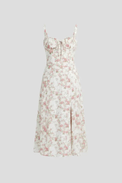 Light women's dress - spaghetti-strap, flowy floral midi, polyester, for summer
