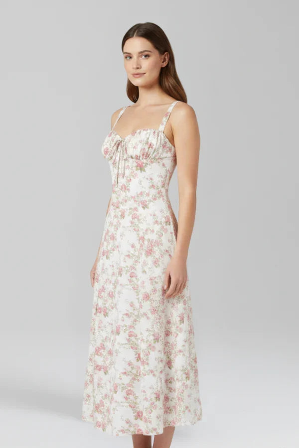 Light women's dress - spaghetti-strap, flowy floral midi, polyester, for summer