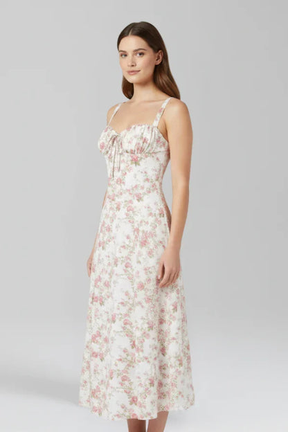 Light women's dress - spaghetti-strap, flowy floral midi, polyester, for summer