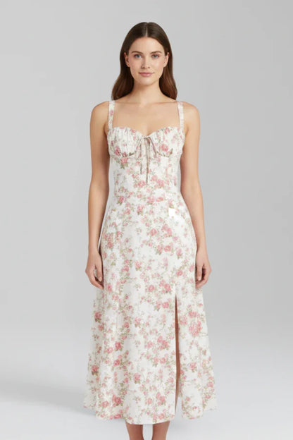 Light women's dress - spaghetti-strap, flowy floral midi, polyester, for summer