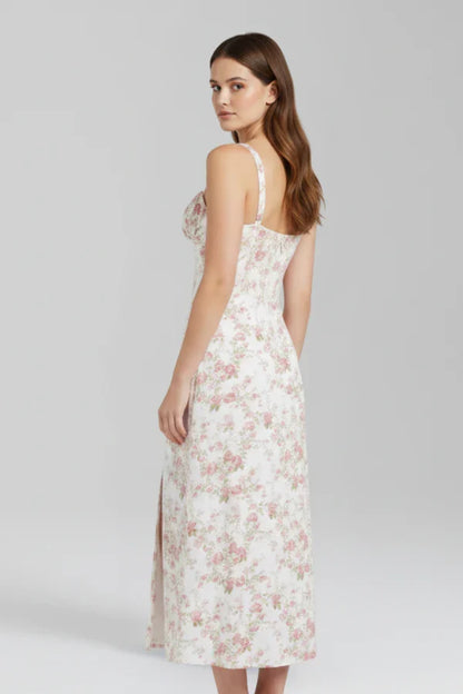 Light women's dress - spaghetti-strap, flowy floral midi, polyester, for summer