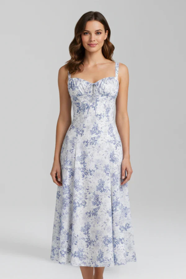 Light women's dress - spaghetti-strap, flowy floral midi, polyester, for summer