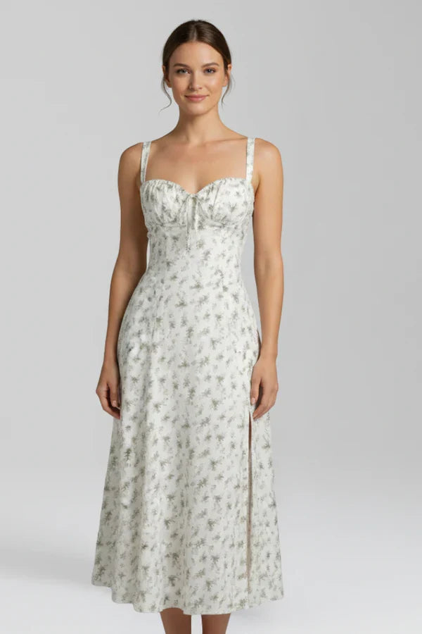 Light women's dress - spaghetti-strap, flowy floral midi, polyester, for summer