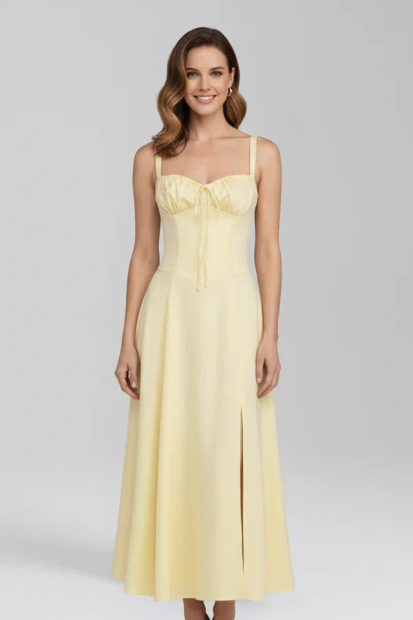 Light women's dress - spaghetti-strap, flowy floral midi, polyester, for summer