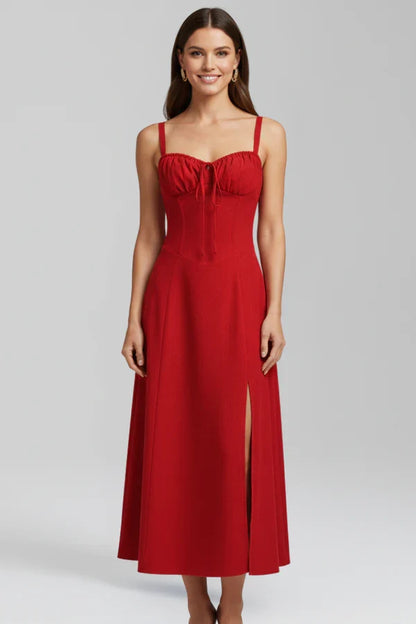 Light women's dress - spaghetti-strap, flowy floral midi, polyester, for summer