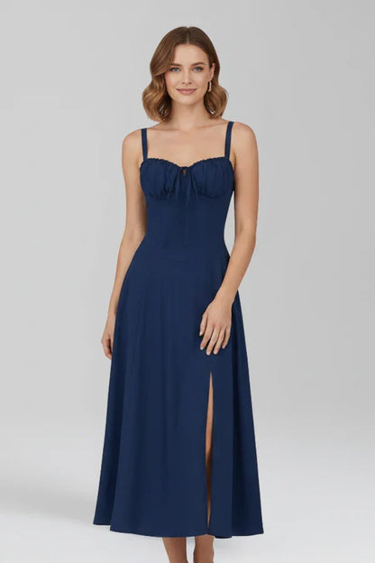 Light women's dress - spaghetti-strap, flowy floral midi, polyester, for summer