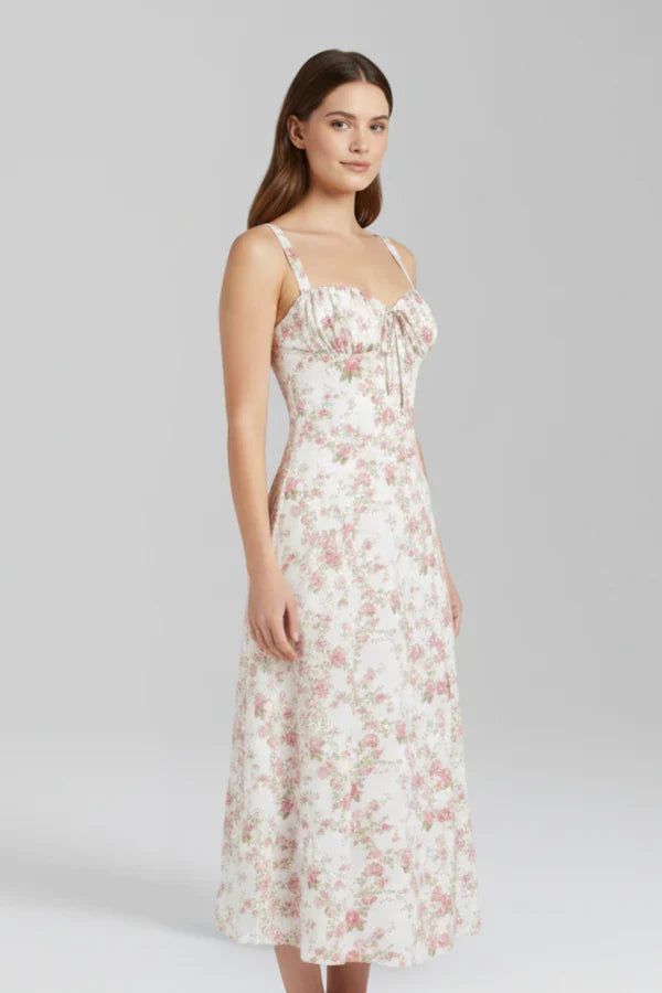 Light women's dress - spaghetti-strap, flowy floral midi, polyester, for summer